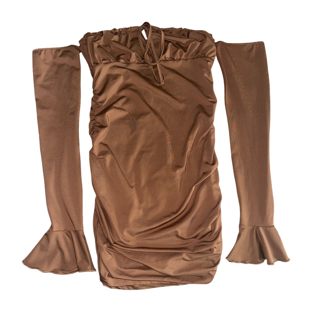 SHEIN Brown Off-Shoulder Mini Dress with Flared Sleeves